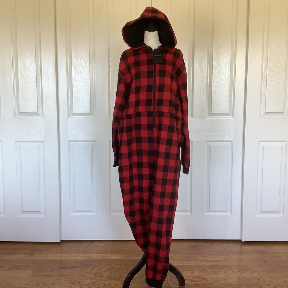 Fabletics Cozy Fleece Hooded One Piece Holly Berry Buffalo Check Red Size L NWT